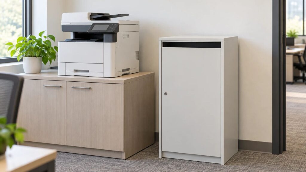 Secure shredding console beside office printer
