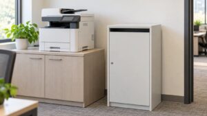Secure shredding console beside office printer